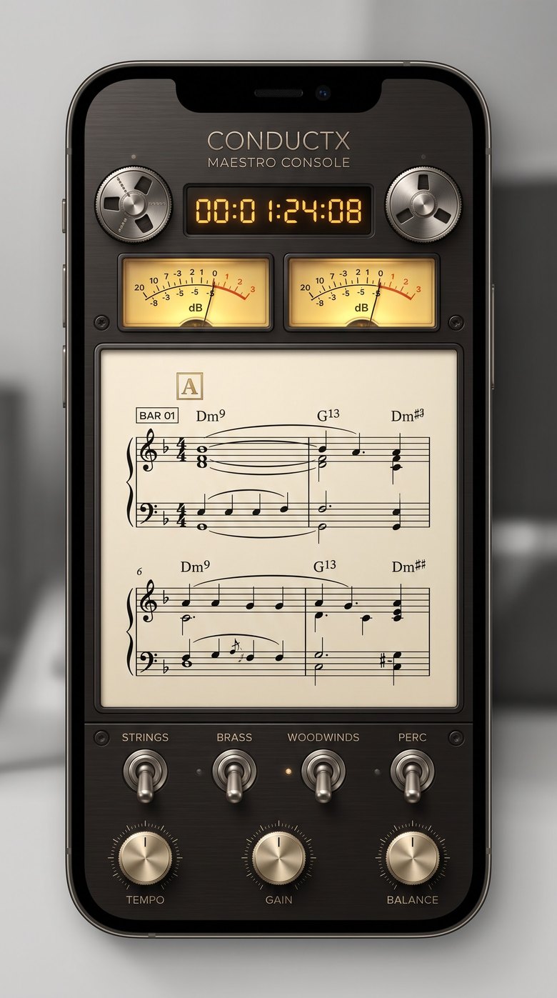 ConductX Maestro console with score paper and analog knobs