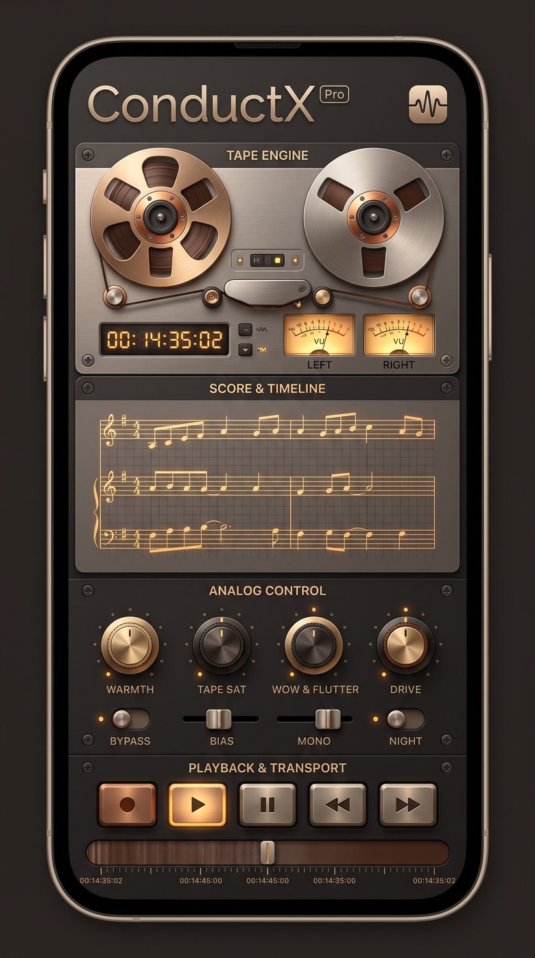 ConductX Pro Tape theme with reels, VU meters, and transport controls